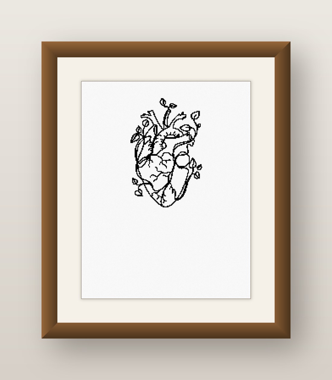 Anatomical Heart Cross Stitch Pattern, Minimalist Line Art Flower PDF