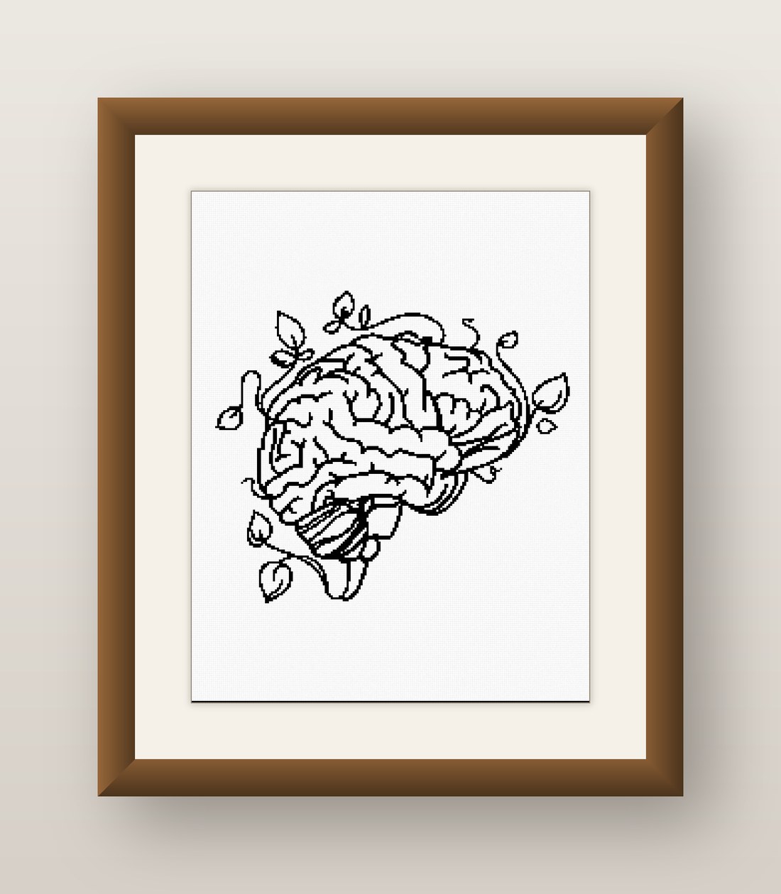 Floral Brain Cross Stitch Pattern, Anatomy Line Art Botanical PDF