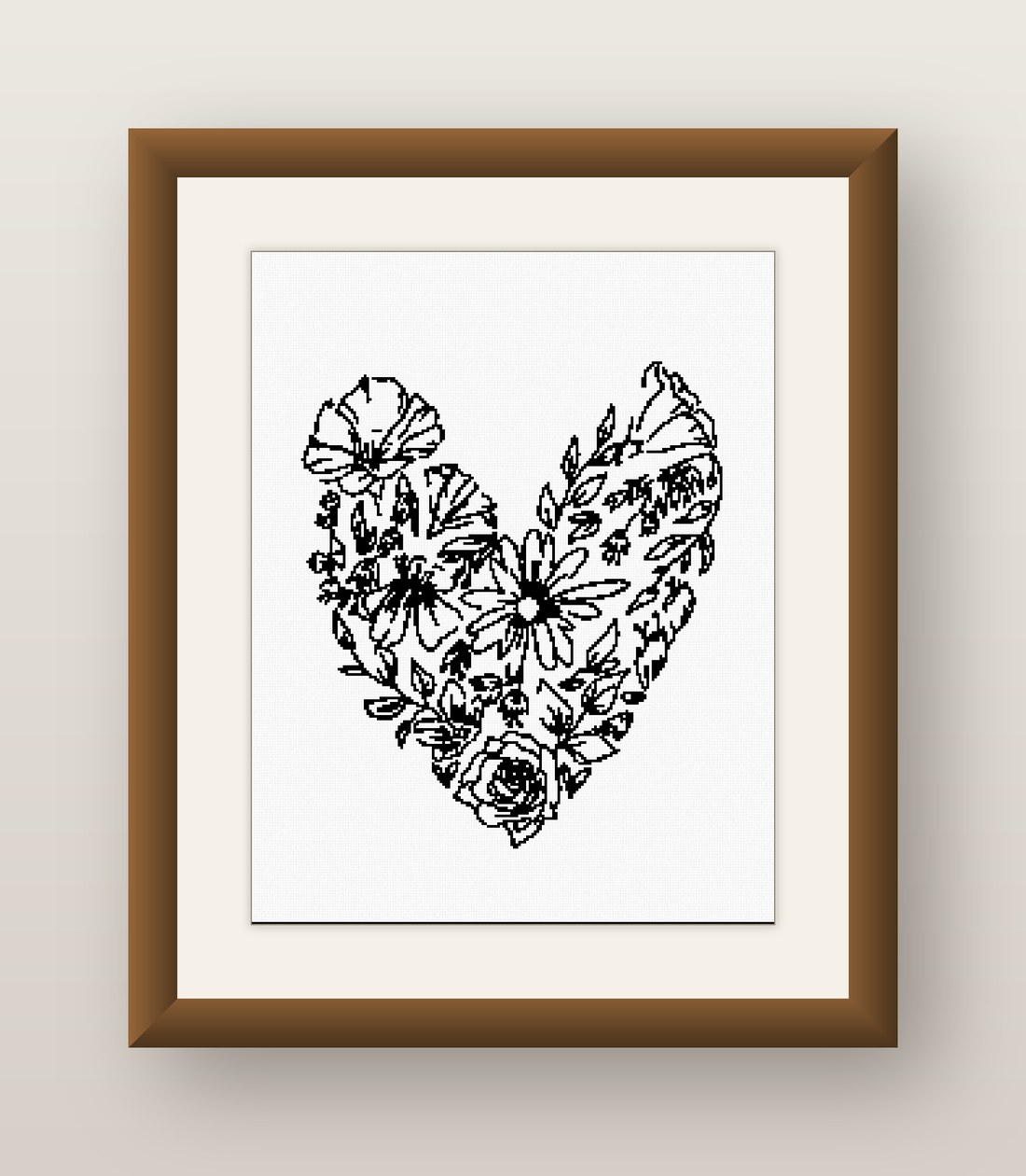 Floral Heart Cross Stitch Pattern, Line Art Flower Heart PDF
