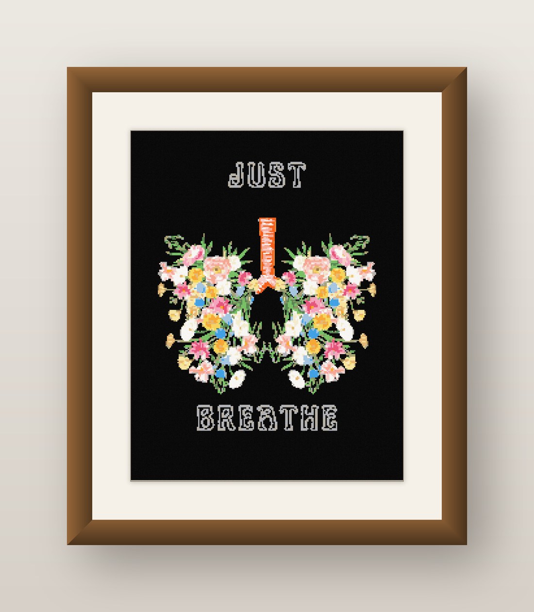 Just Breathe Cross Stitch Pattern, Floral Lungs Anatomy Quote PDF