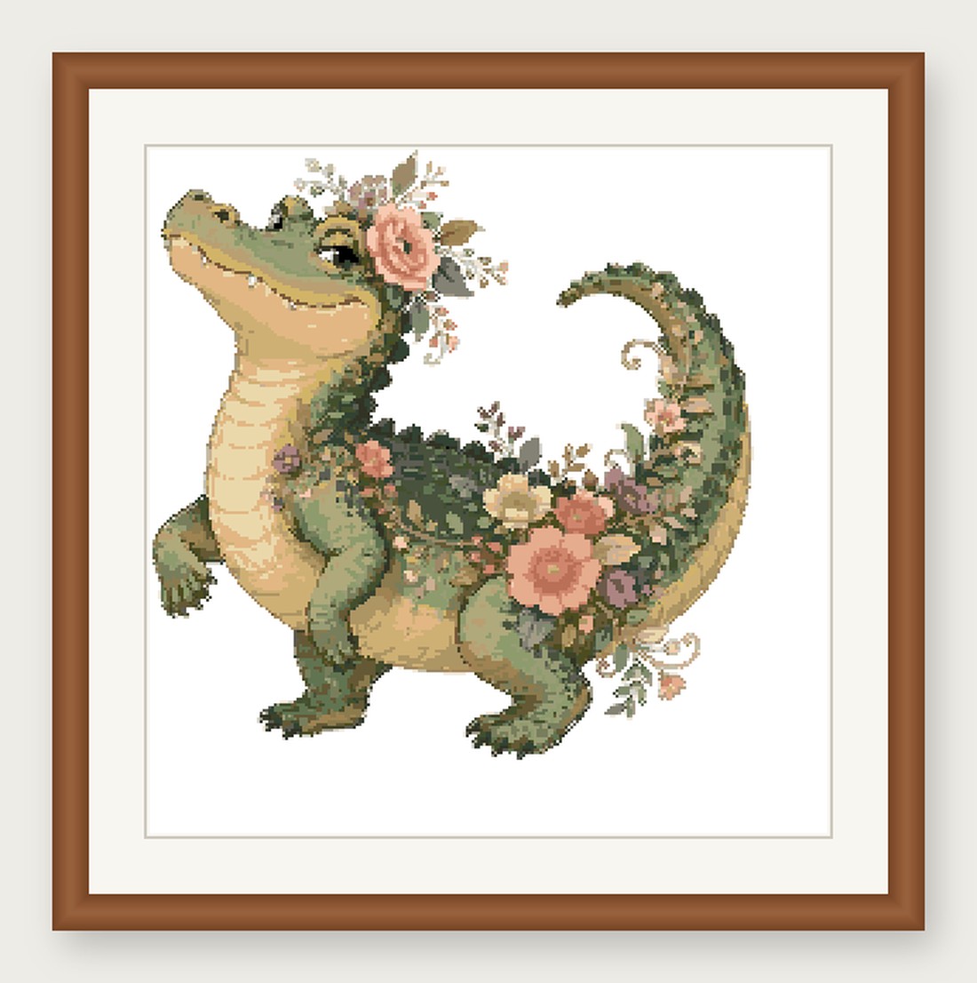Alligator Cross Stitch Pattern, Floral Watercolor Animal PDF