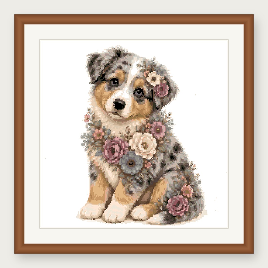 Australian Shepherd Puppy Cross Stitch Pattern, Floral Watercolor Animal PDF