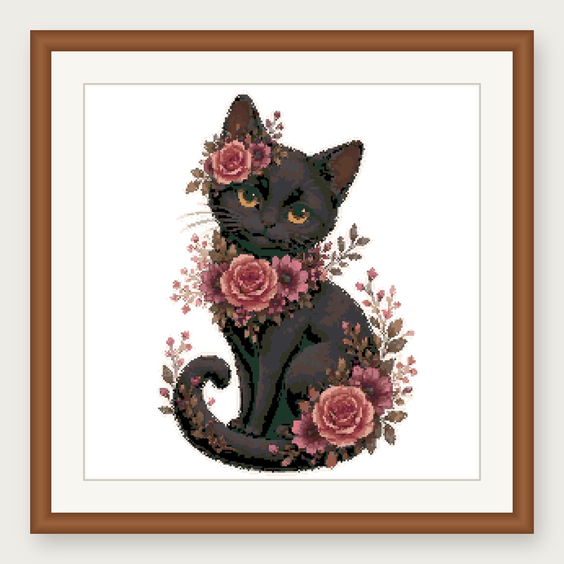 Black Cat Cross Stitch Pattern, Floral Watercolor Animal PDF