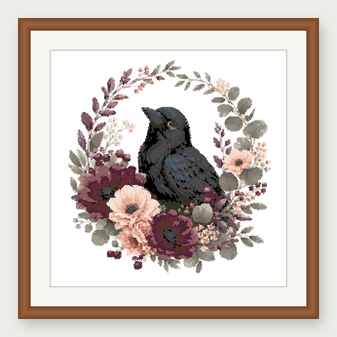 Blackbird Cross Stitch Pattern, Floral Watercolor Animal PDF