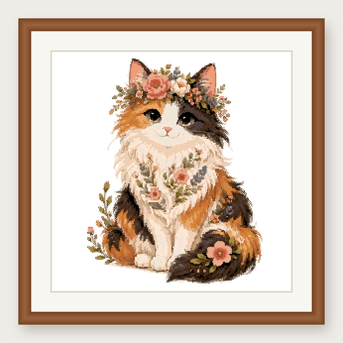 Calico Cat Cross Stitch Pattern, Floral Watercolor Animal PDF