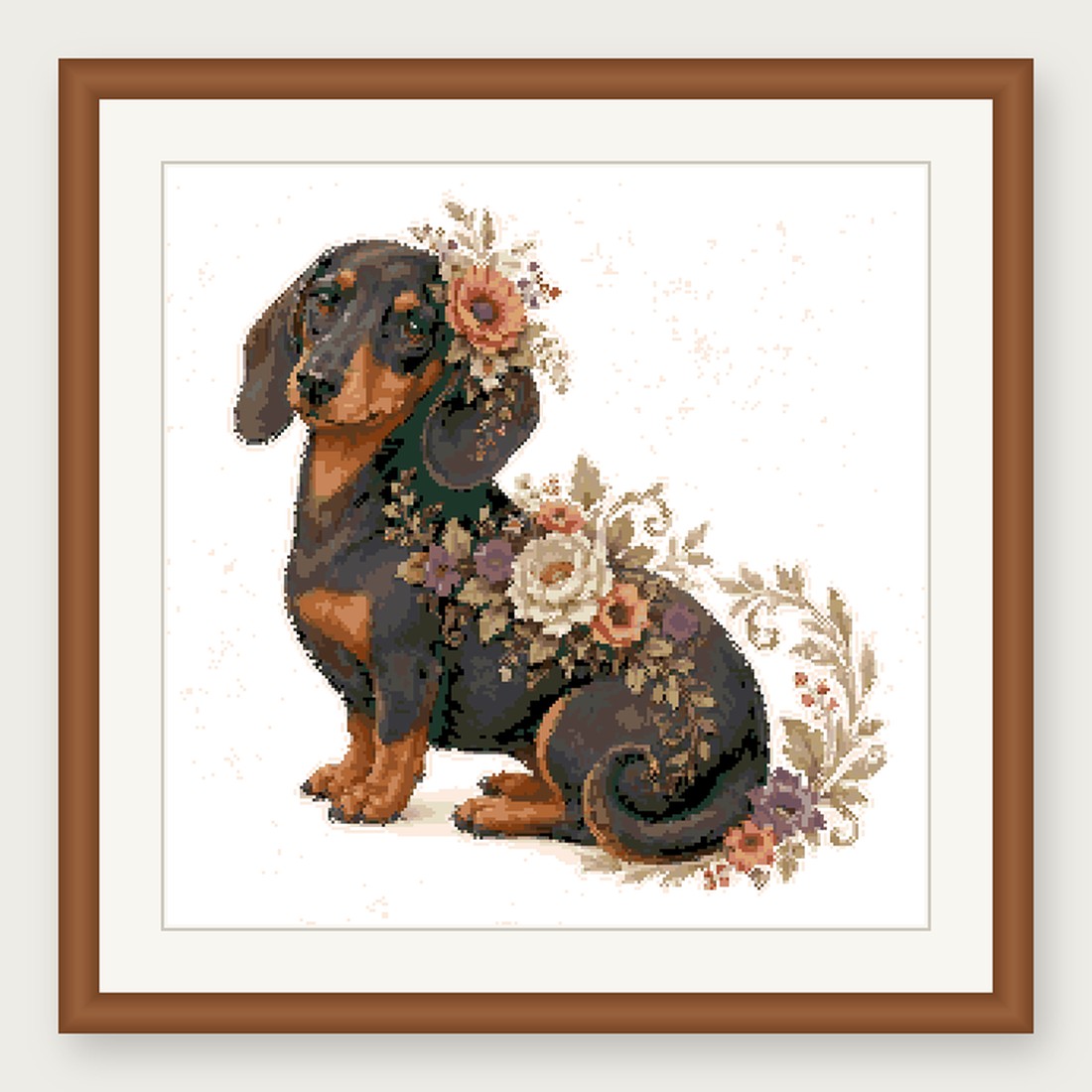 Dachshund Cross Stitch Pattern, Floral Watercolor Animal PDF