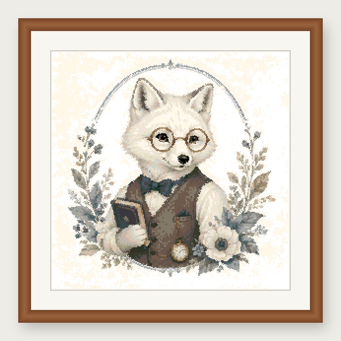 Dapper Arctic Fox Cross Stitch Pattern, Whimsical Animal in Suit PDF