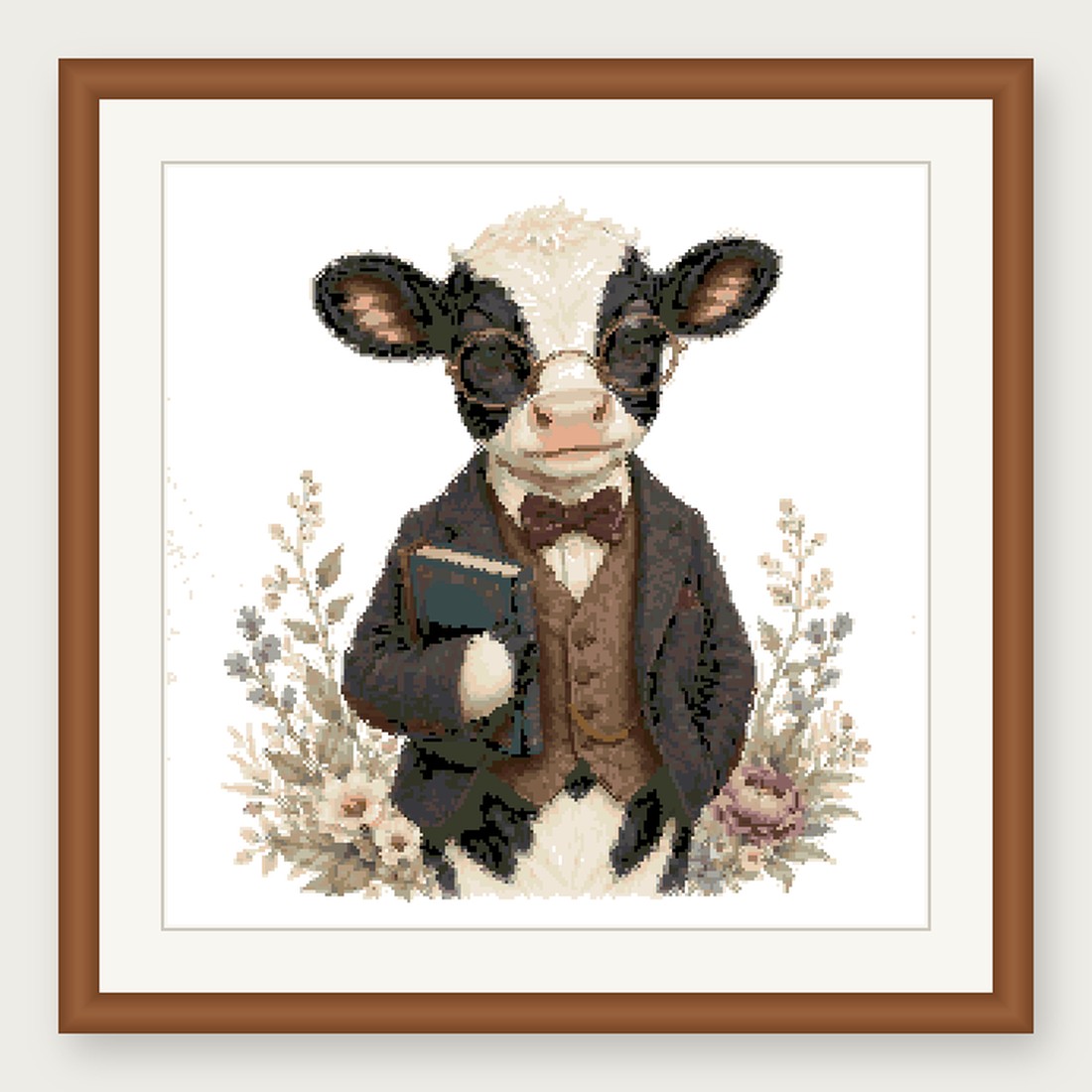 Dapper Dairy Cow Cross Stitch Pattern, Whimsical Animal in Suit PDF
