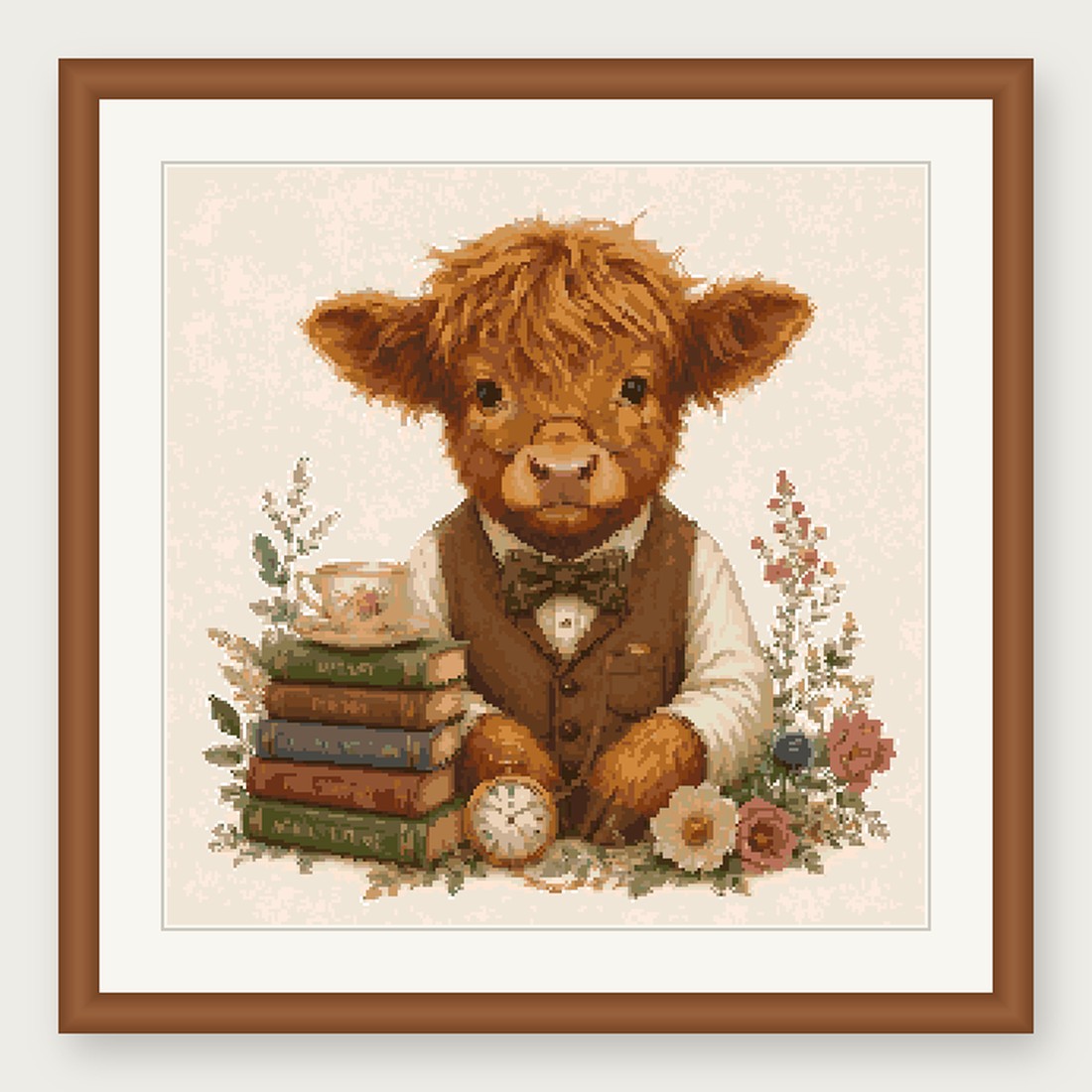 Dapper Highland Cow Cross Stitch Pattern, Whimsical Animal in Suit PDF