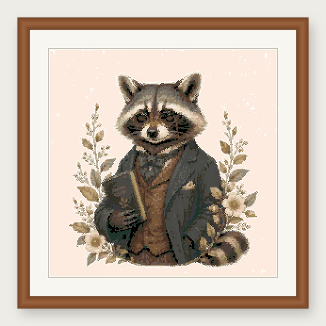 Dapper Raccoon Cross Stitch Pattern, Whimsical Animal in Suit PDF