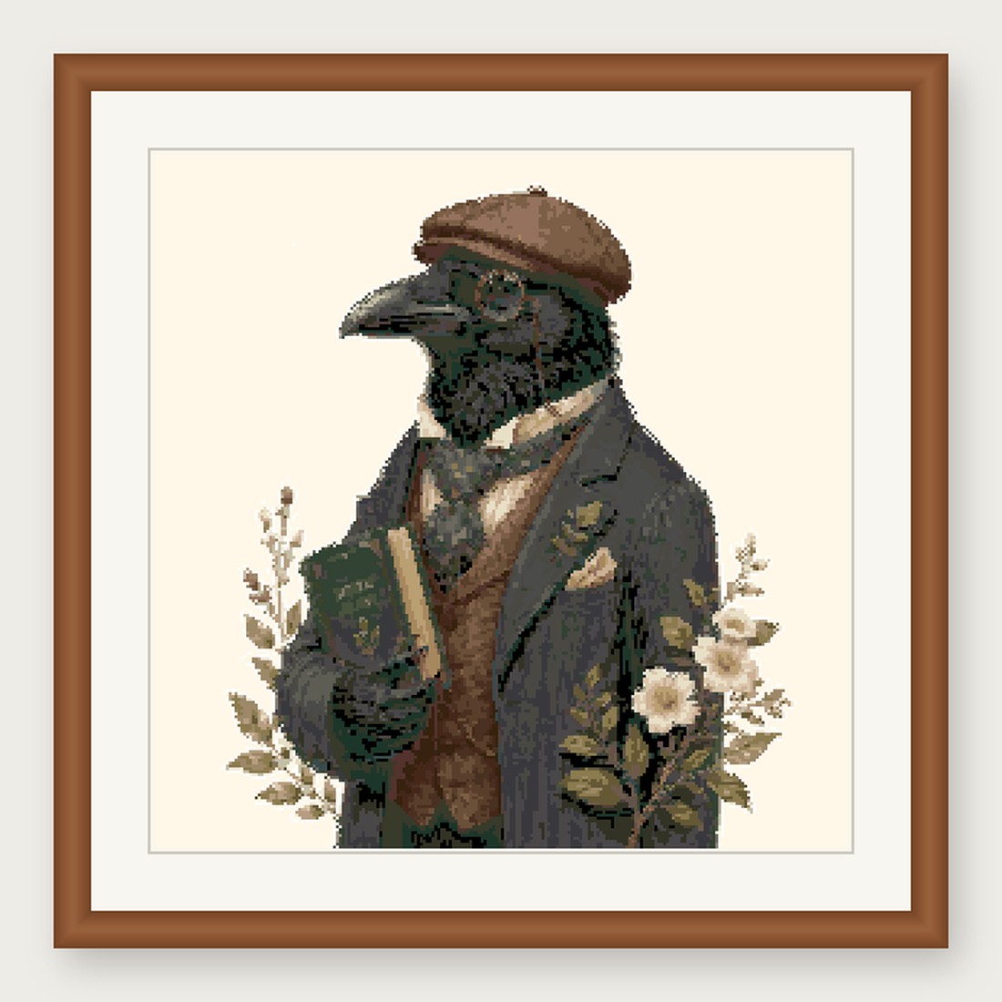 Dapper Raven Cross Stitch Pattern, Whimsical Animal in Suit PDF