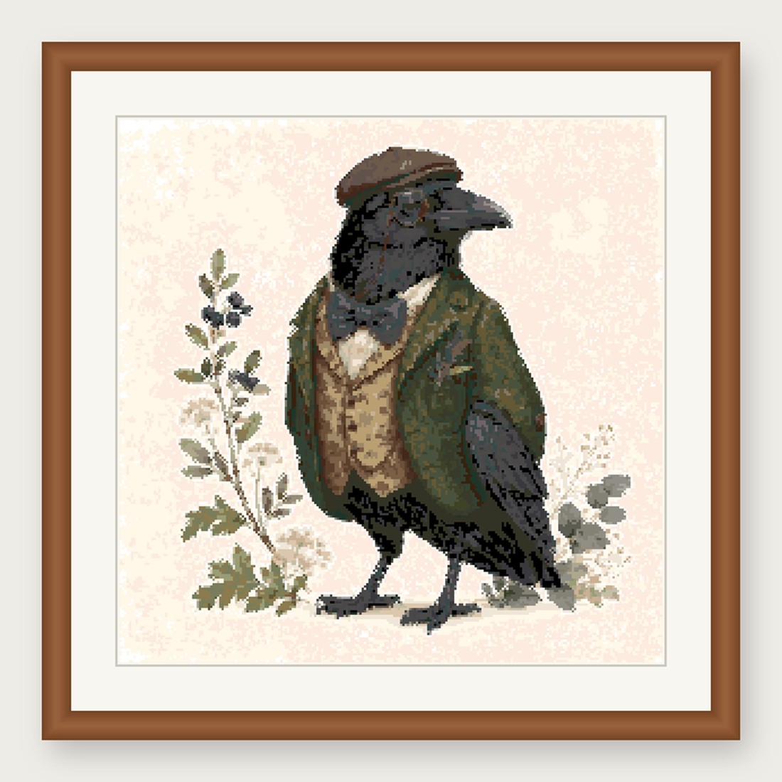 Dapper Raven Cross Stitch Pattern, Whimsical Animal in Suit PDF