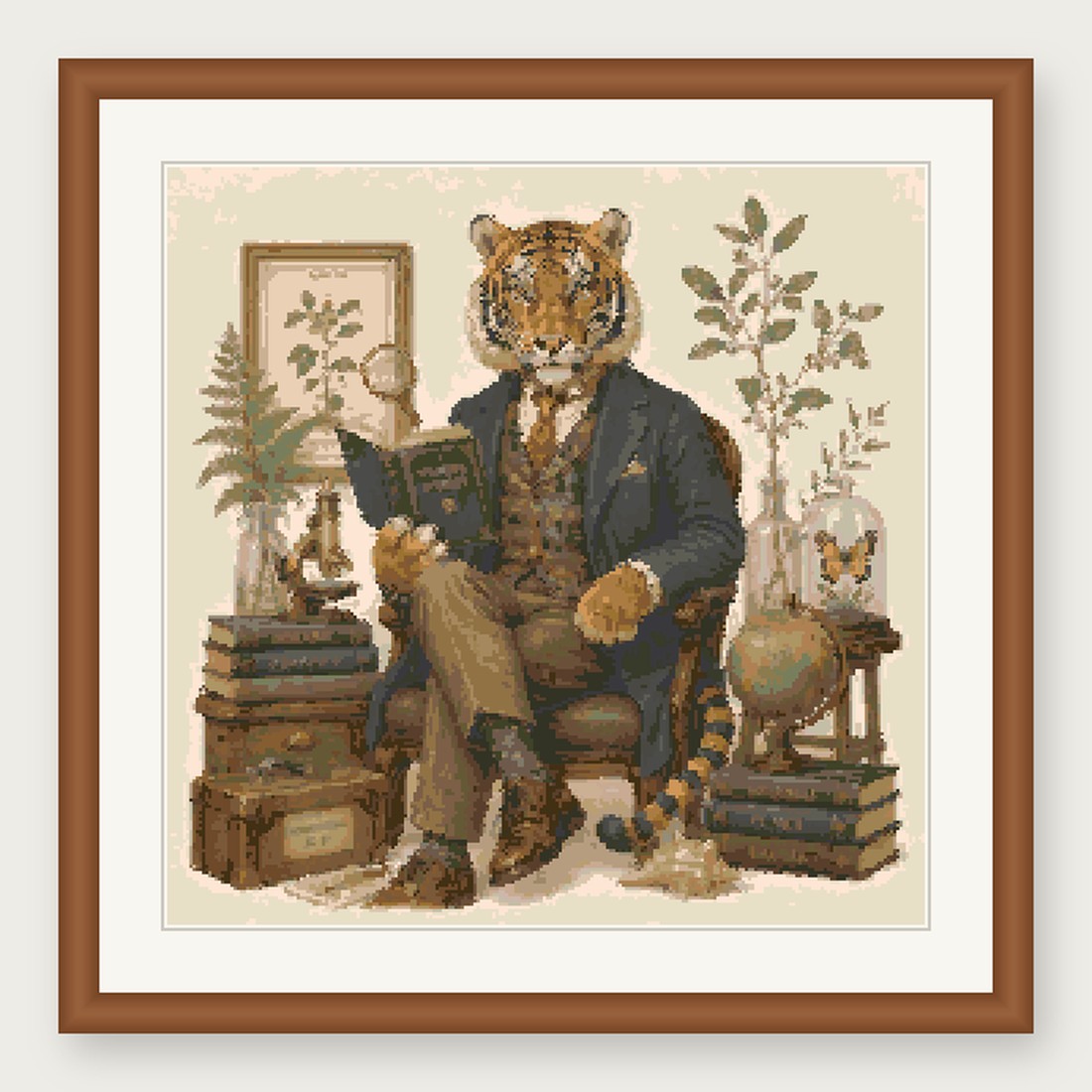 Dapper Tiger Cross Stitch Pattern, Whimsical Animal in Suit PDF