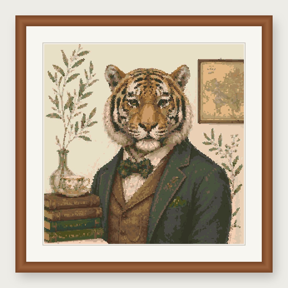 Dapper Tiger Cross Stitch Pattern, Whimsical Animal in Suit PDF