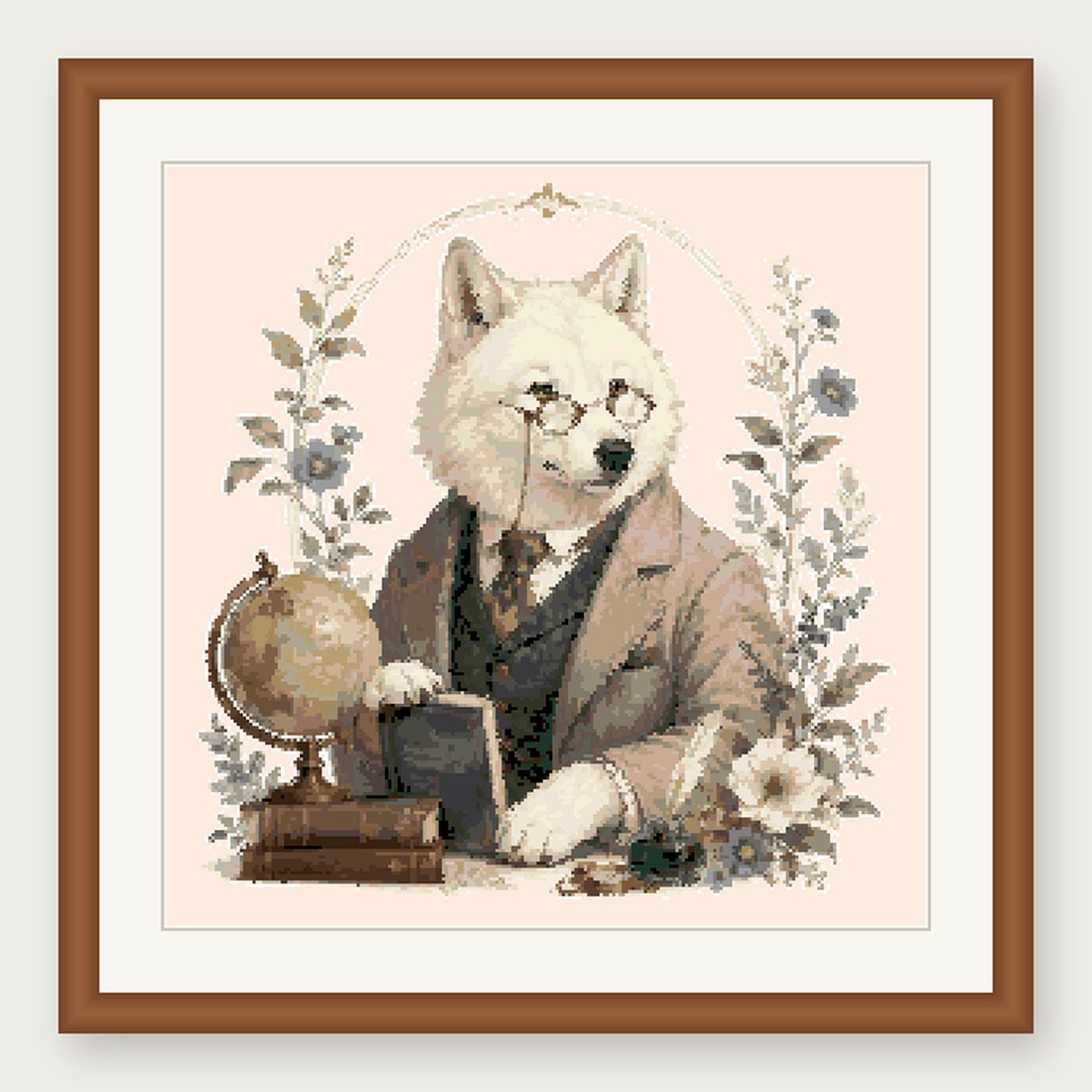 Dapper White Wolf Cross Stitch Pattern, Whimsical Animal in Suit PDF