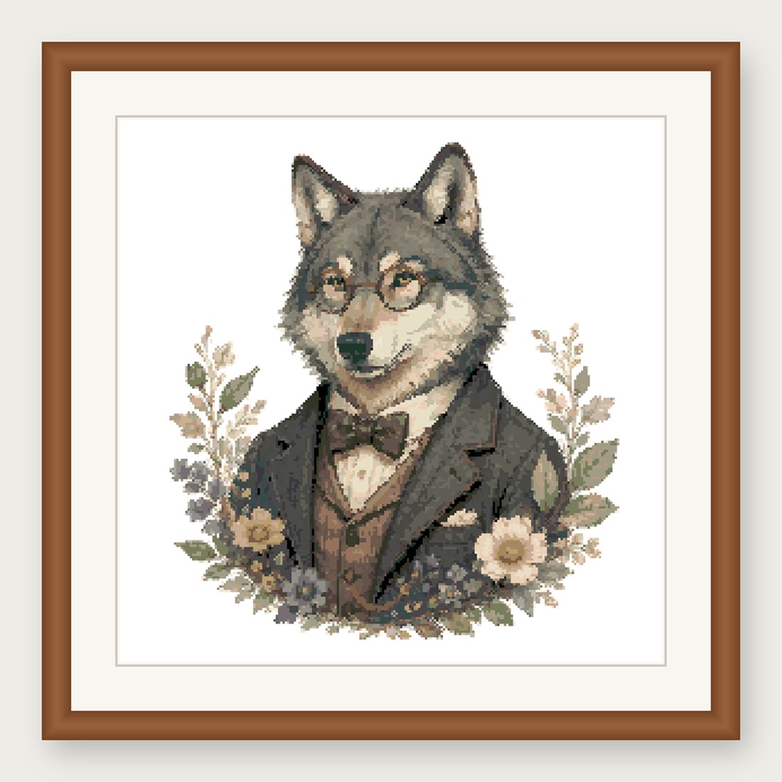 Dapper Wolf Cross Stitch Pattern, Whimsical Animal in Suit PDF