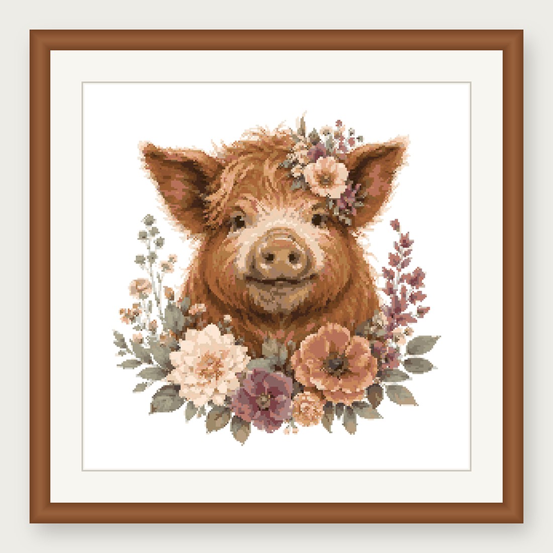 Ginger Pig Cross Stitch Pattern, Floral Watercolor Animal PDF