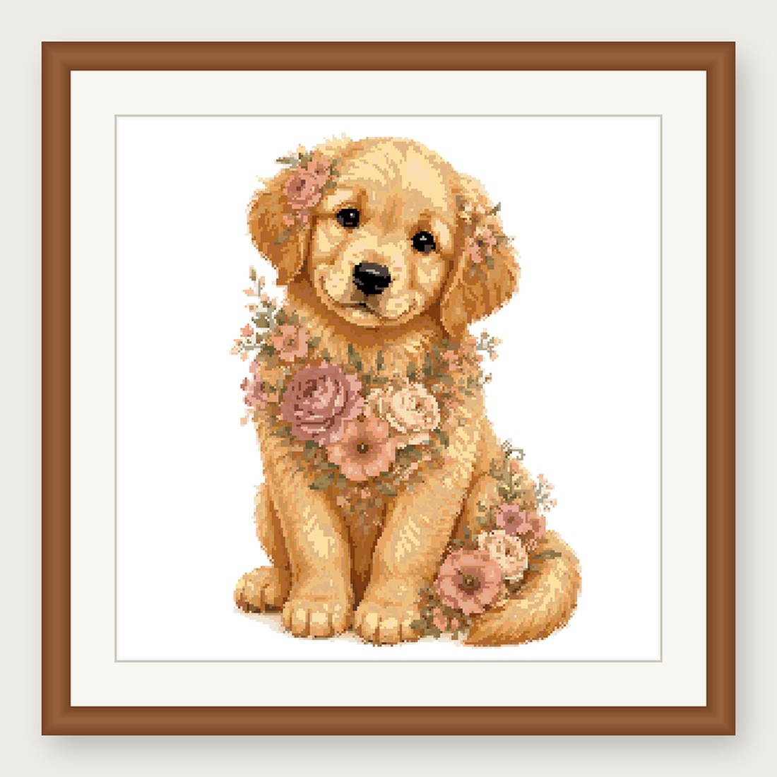 Golden Retriever Puppy Cross Stitch Pattern, Floral Watercolor Animal PDF