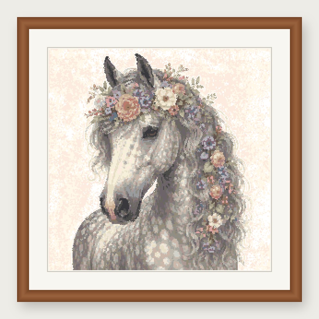 Gray Horse Cross Stitch Pattern, Floral Watercolor Animal PDF