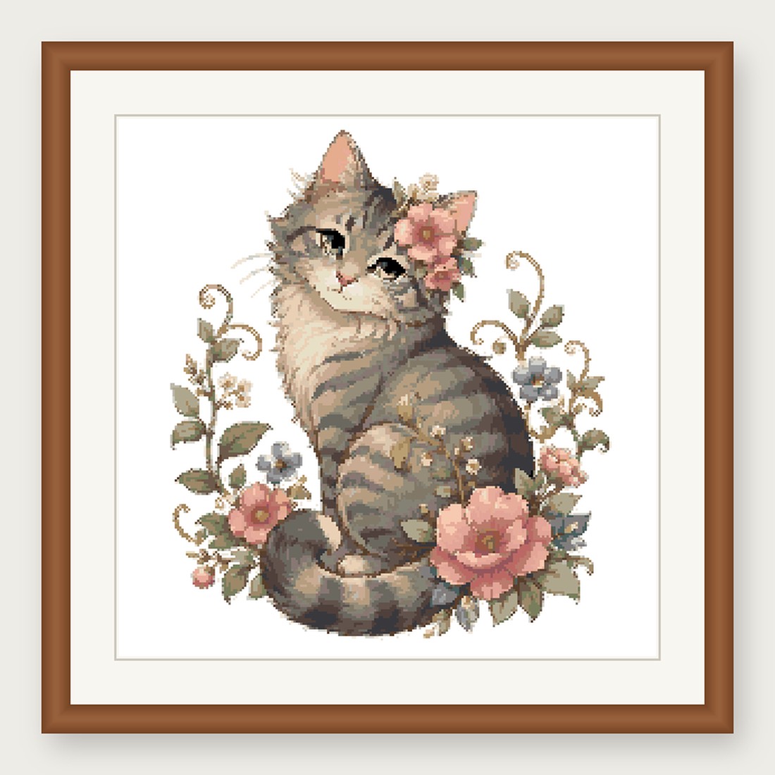 Gray Tabby Cat Cross Stitch Pattern, Floral Watercolor Animal PDF