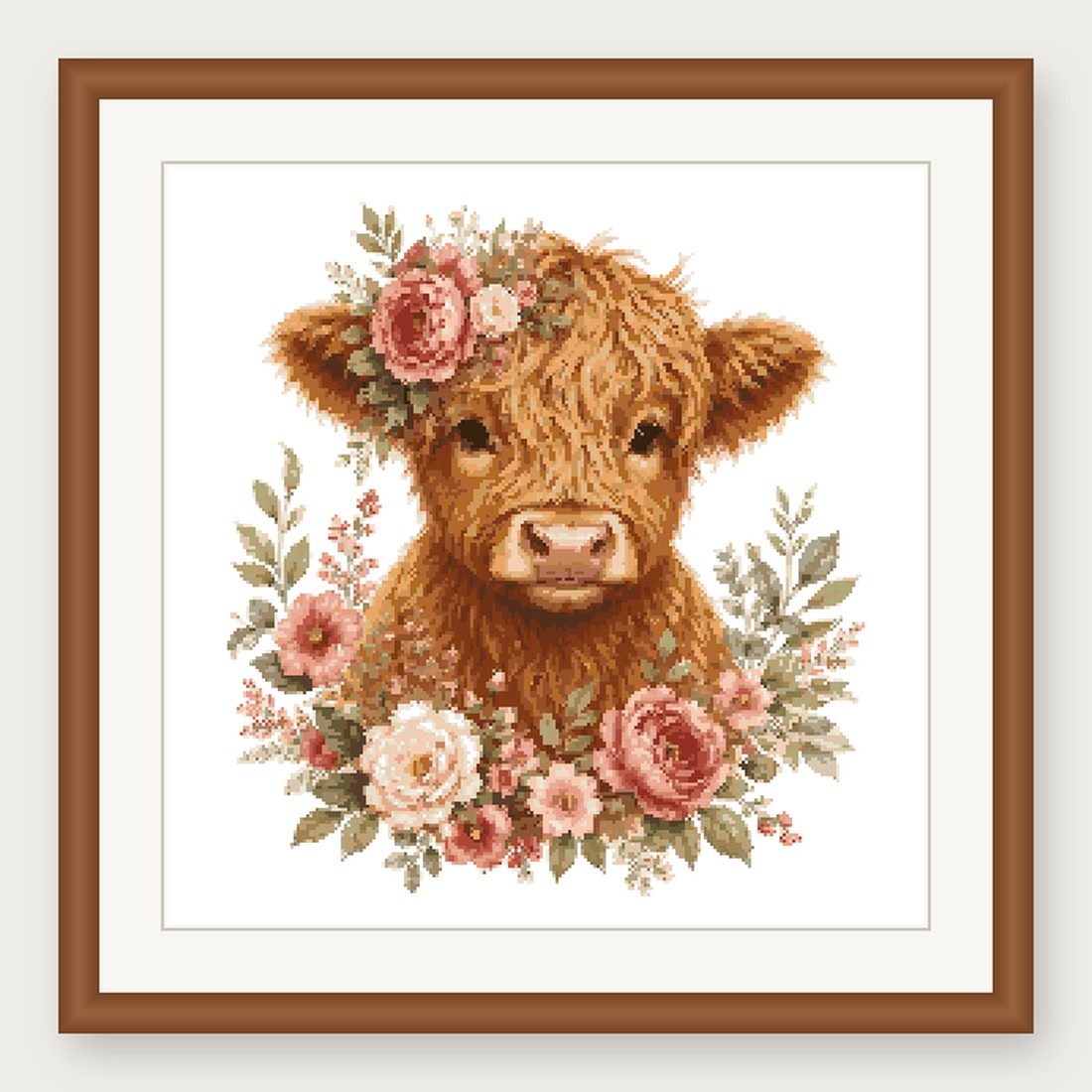 Highland Cow Cross Stitch Pattern, Floral Watercolor Animal PDF