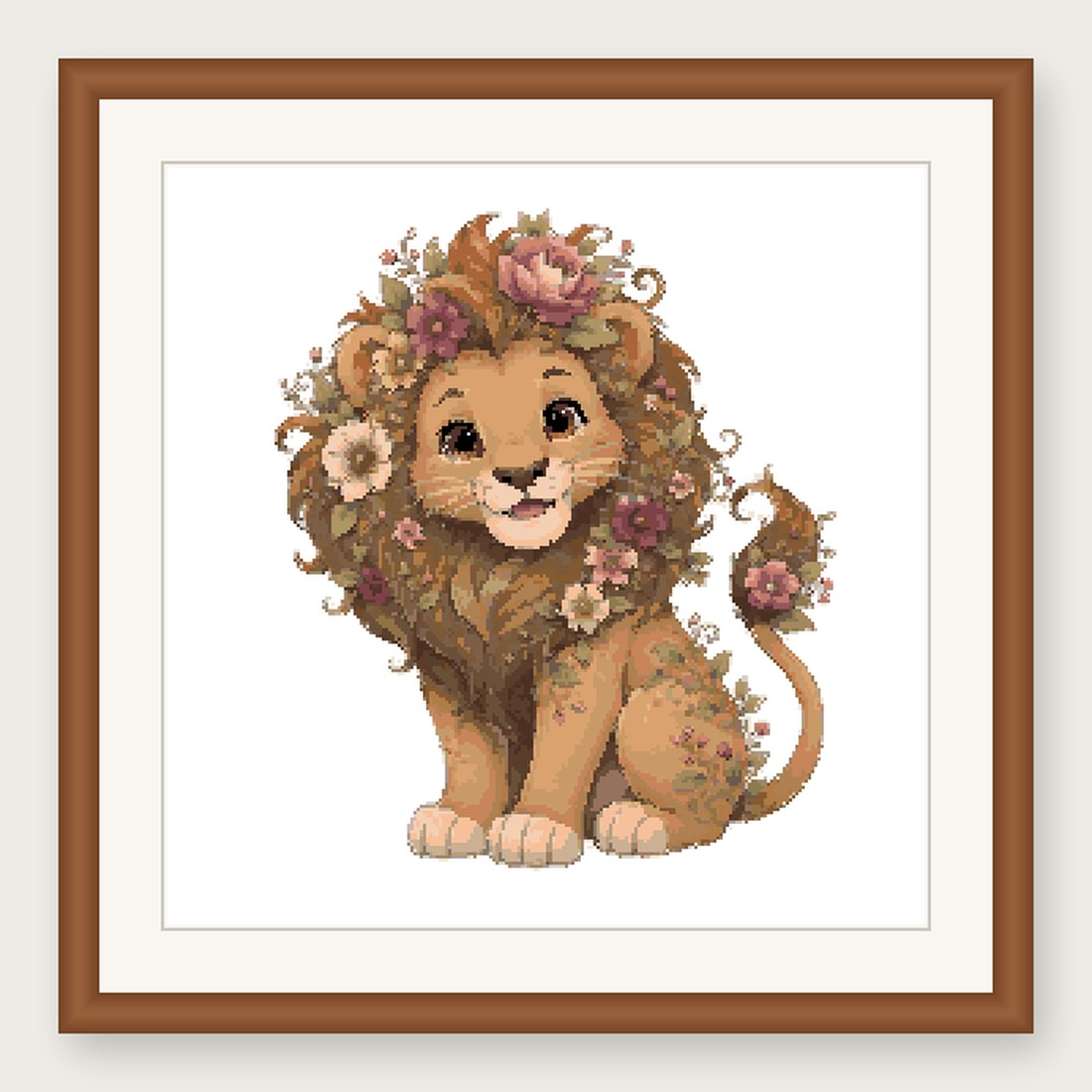 Lion Cub Cross Stitch Pattern, Floral Watercolor Animal PDF