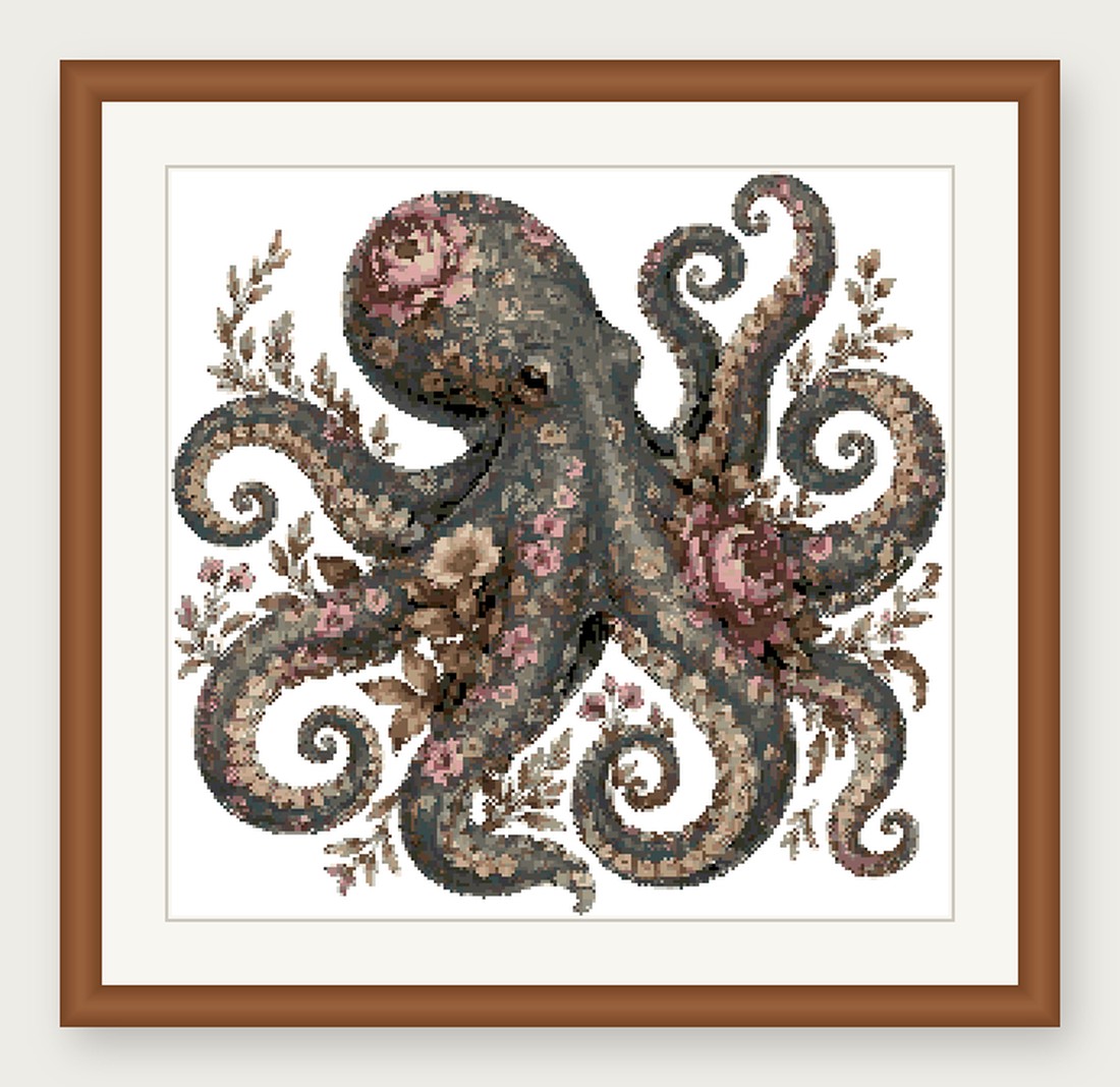 Octopus Cross Stitch Pattern, Floral Watercolor Animal PDF