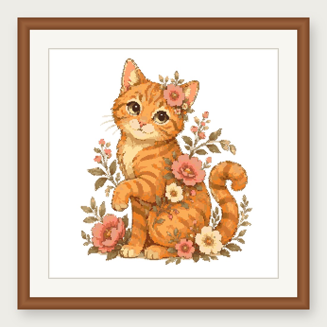 Orange Tabby Cat Cross Stitch Pattern, Floral Watercolor Animal PDF
