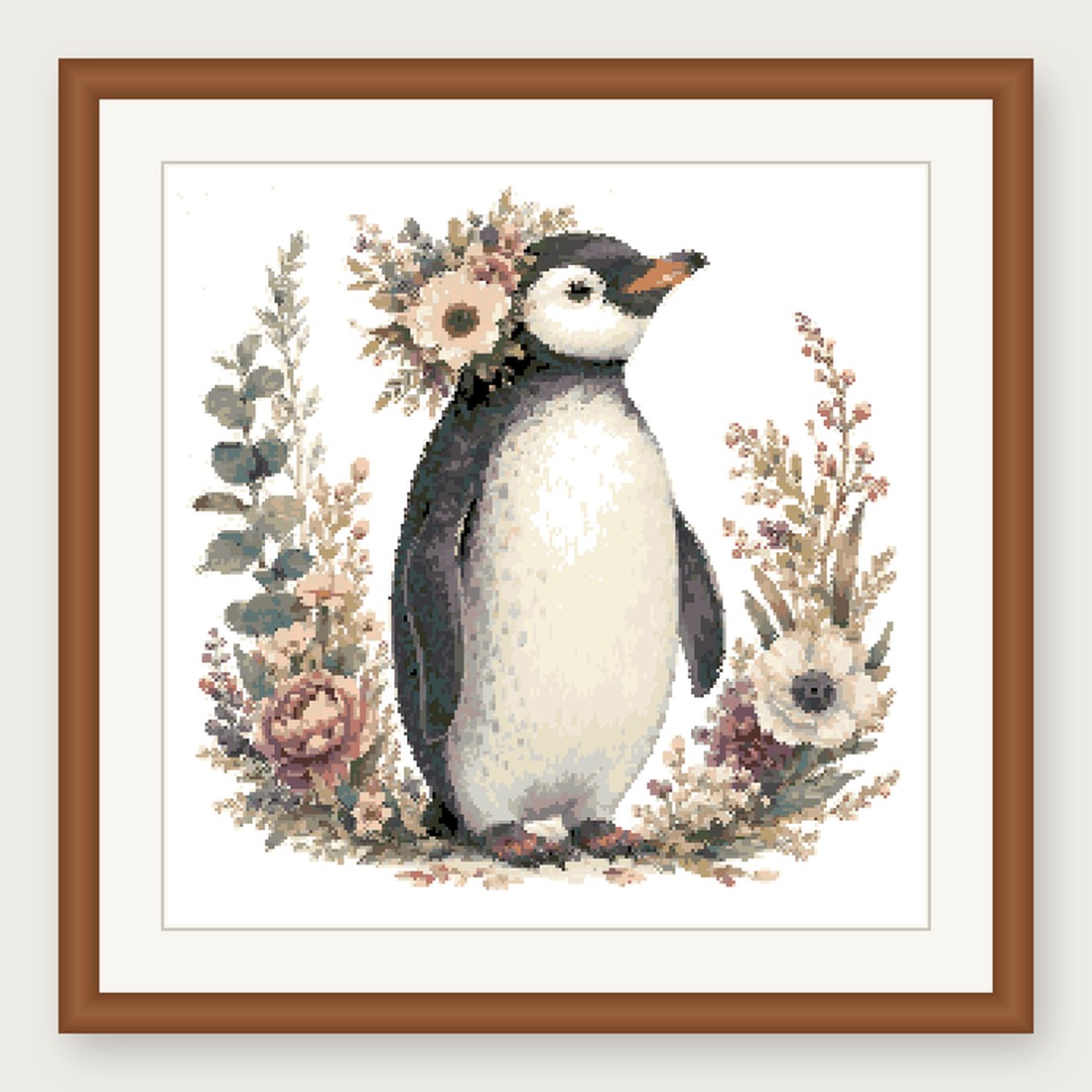 Penguin Cross Stitch Pattern, Floral Watercolor Animal PDF