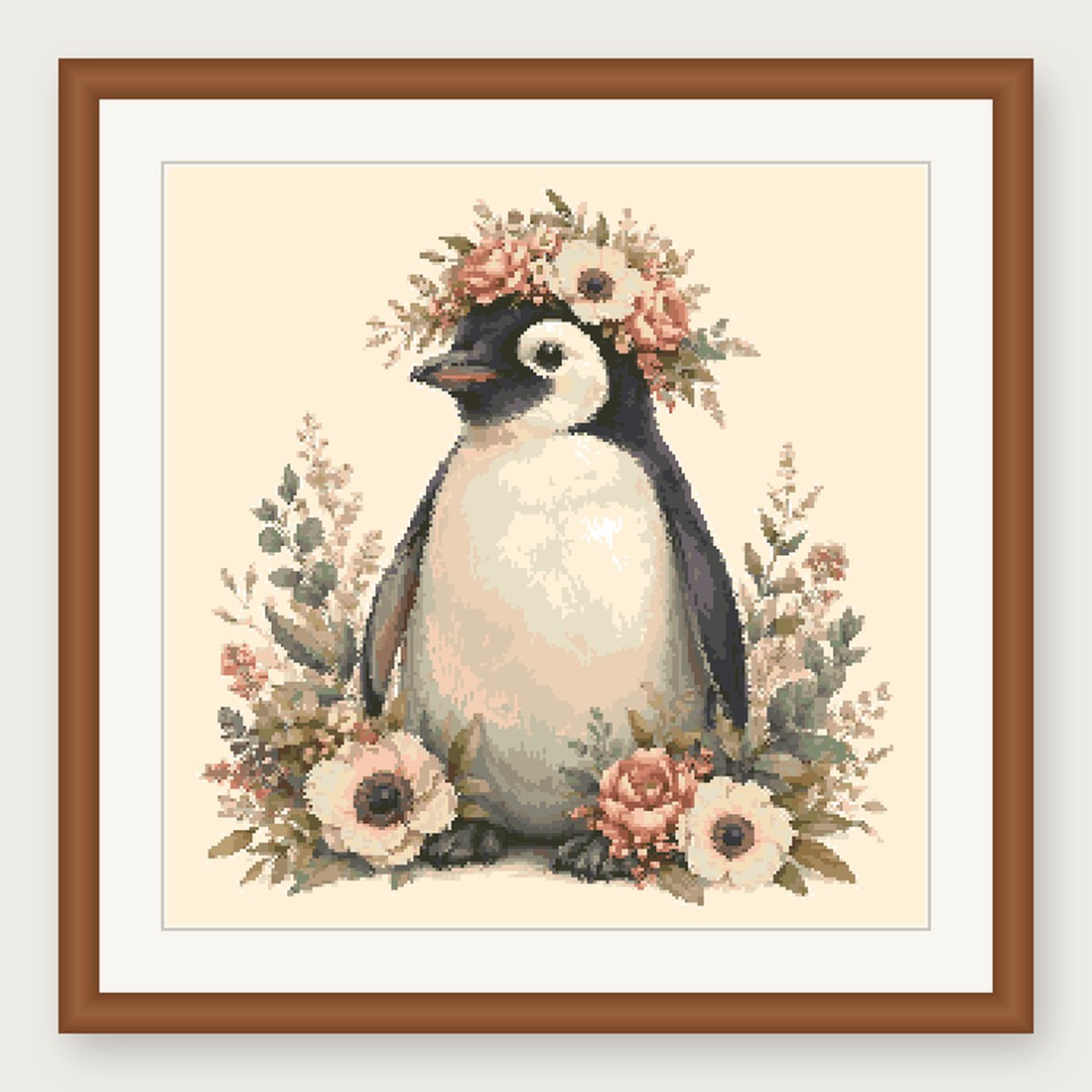 Penguin Cross Stitch Pattern, Floral Watercolor Animal PDF
