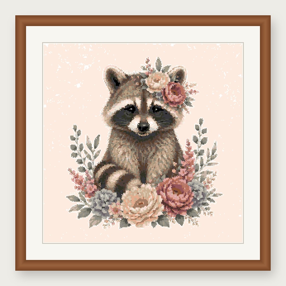 Raccoon Cross Stitch Pattern, Floral Watercolor Animal PDF