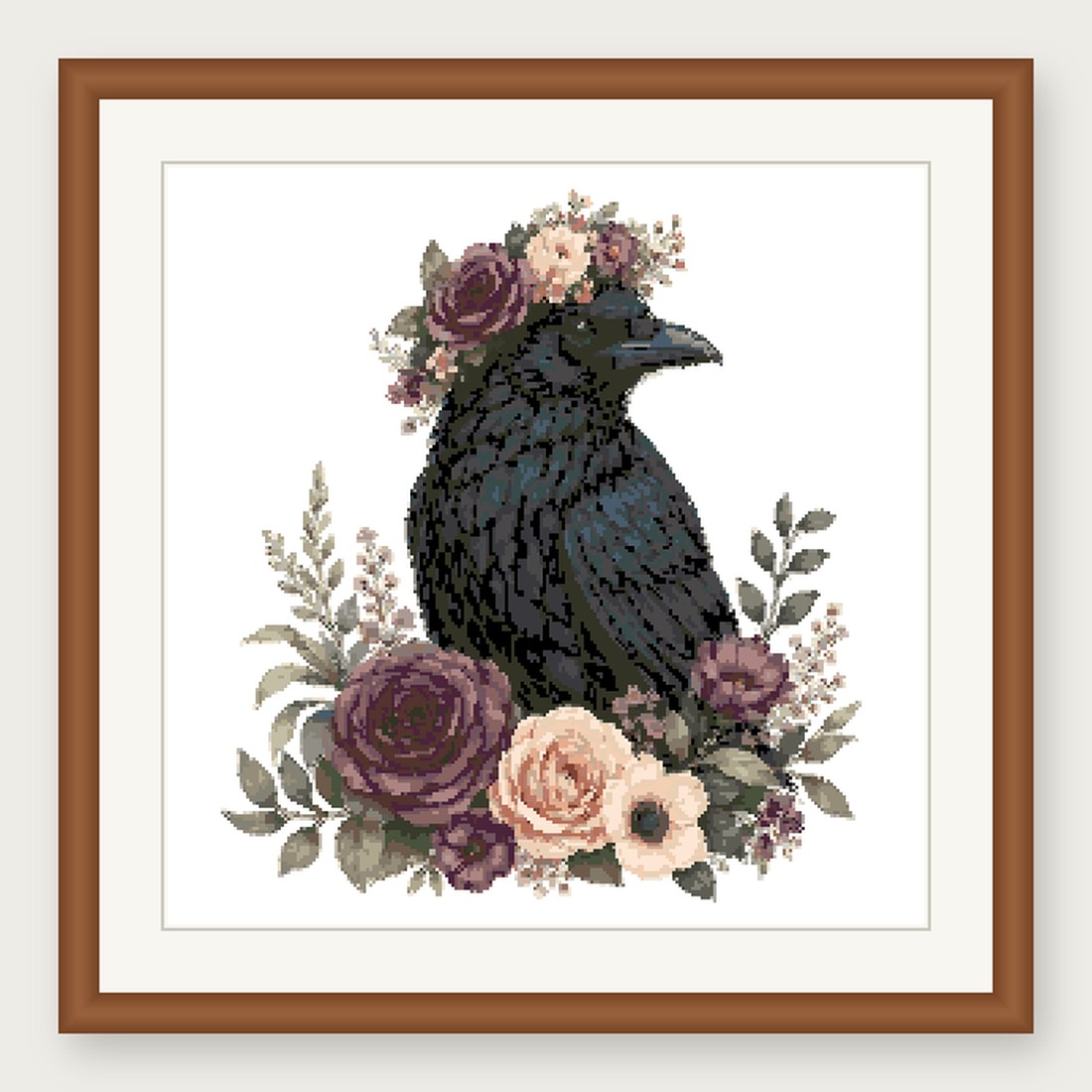 Raven Cross Stitch Pattern, Floral Watercolor Animal PDF