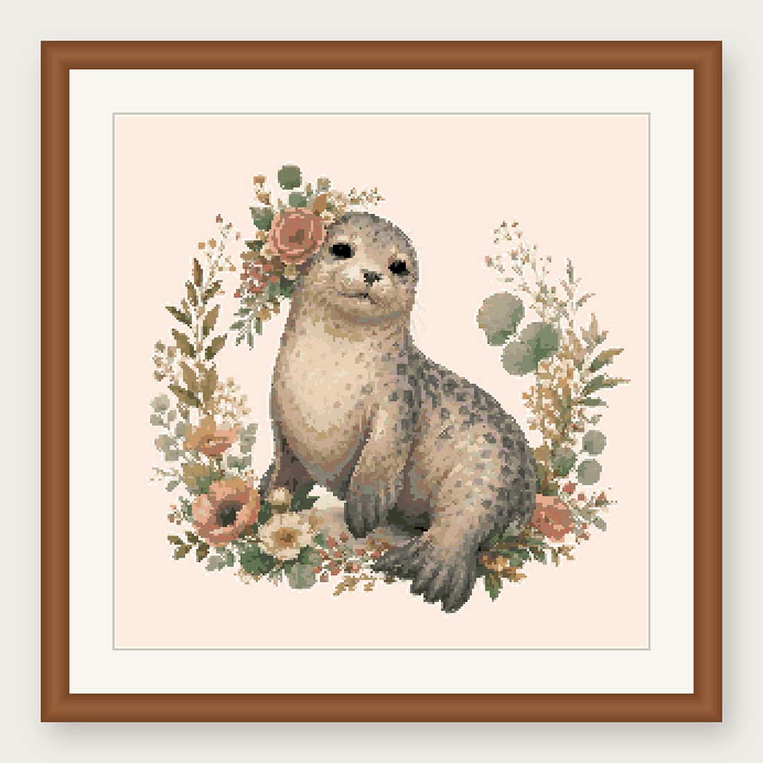 Seal Cross Stitch Pattern, Floral Watercolor Animal PDF