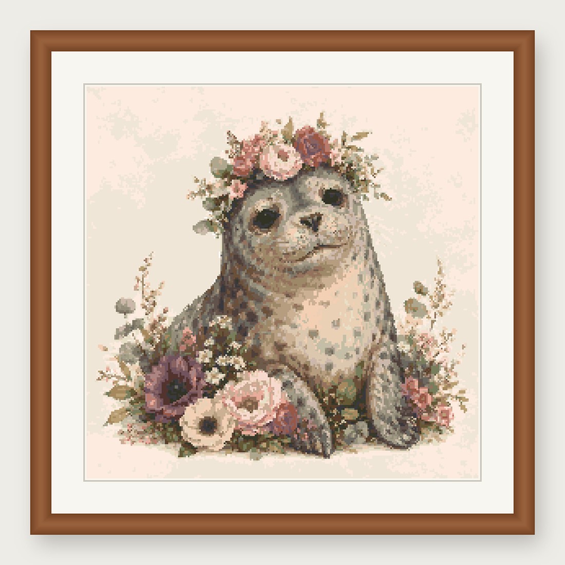 Seal Cross Stitch Pattern, Floral Watercolor Animal PDF