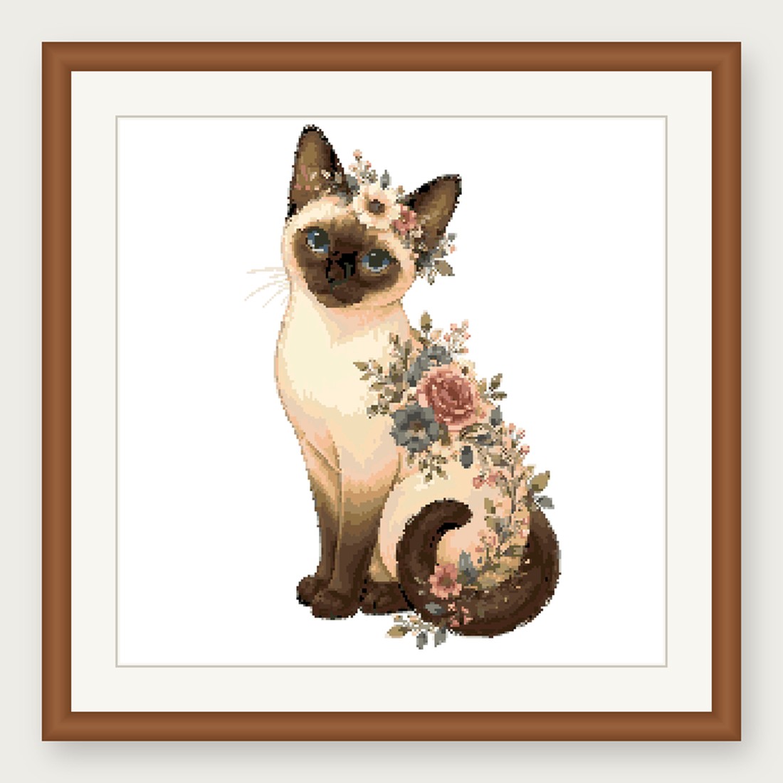 Siamese Cat Cross Stitch Pattern, Floral Watercolor Animal PDF