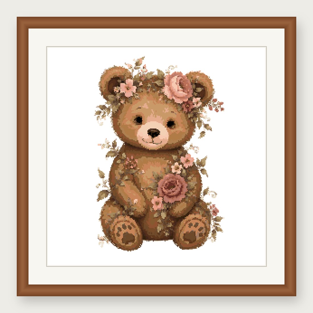 Teddy Bear Cross Stitch Pattern, Floral Watercolor Animal PDF
