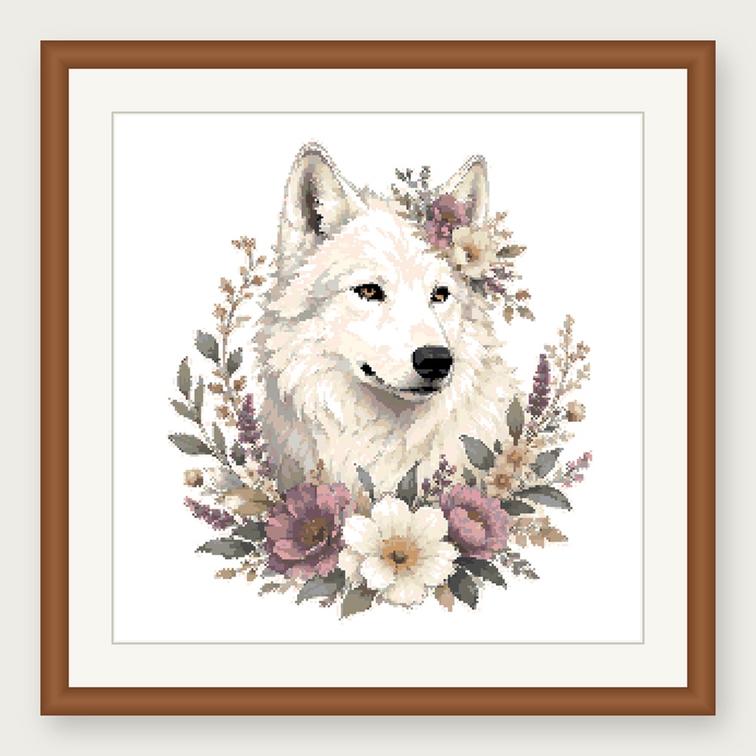 White Wolf Cross Stitch Pattern, Floral Watercolor Animal PDF