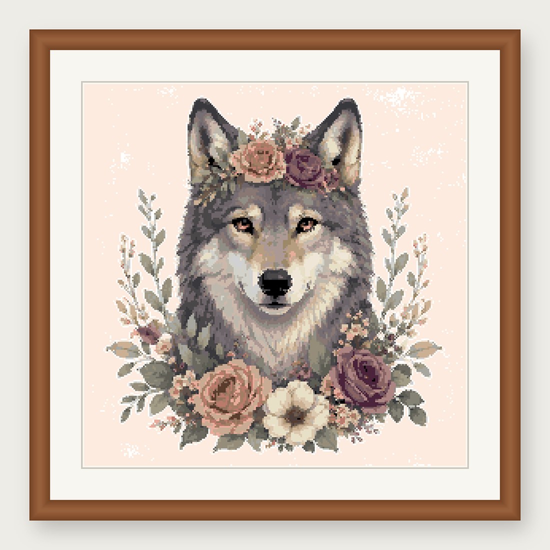 Wolf Cross Stitch Pattern, Floral Watercolor Animal PDF
