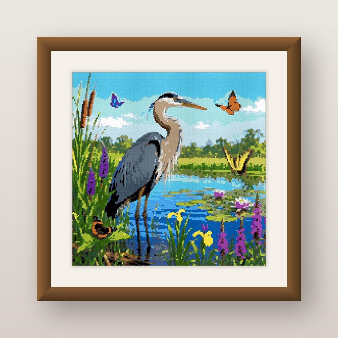 Blue Heron Cross Stitch Pattern, Marsh Butterflies Wetland PDF