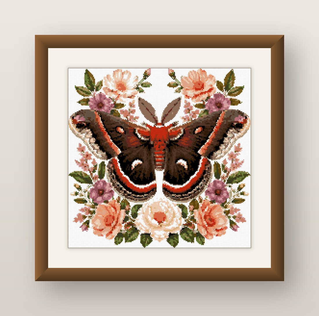Moth and Flowers Cross Stitch Pattern, Cecropia Floral Wreath PDF