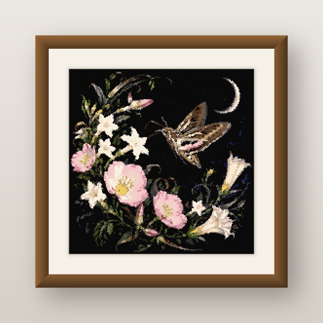 Moth and Moon Cross Stitch Pattern, Crescent Moon Night Bloom PDF