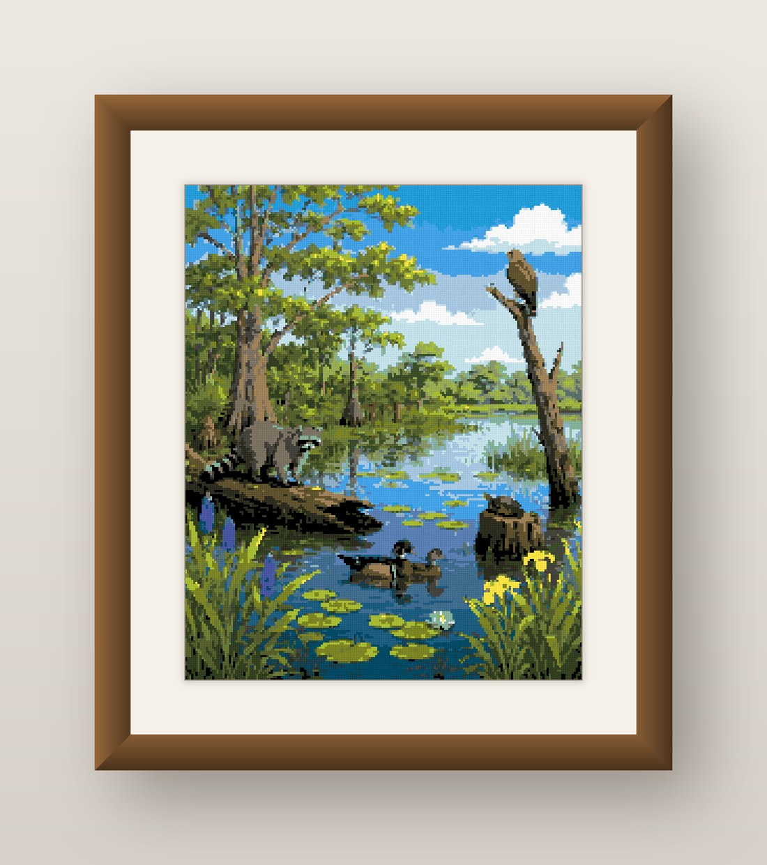 Lake Wildlife Cross Stitch Pattern, Raccoon Ducks Owl Pond PDF