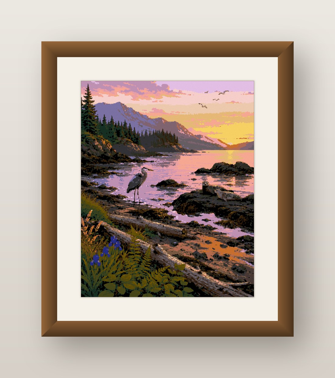 Heron Marsh Cross Stitch Pattern, Sunset Wetland Mountain View PDF