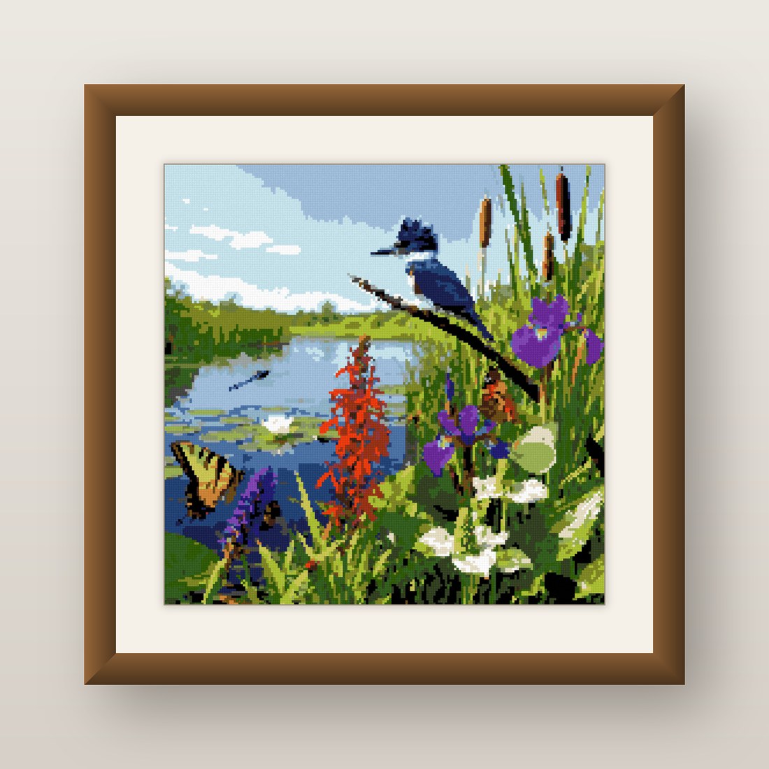 Kingfisher Cross Stitch Pattern, Marsh Iris Cardinal Flower Bird PDF