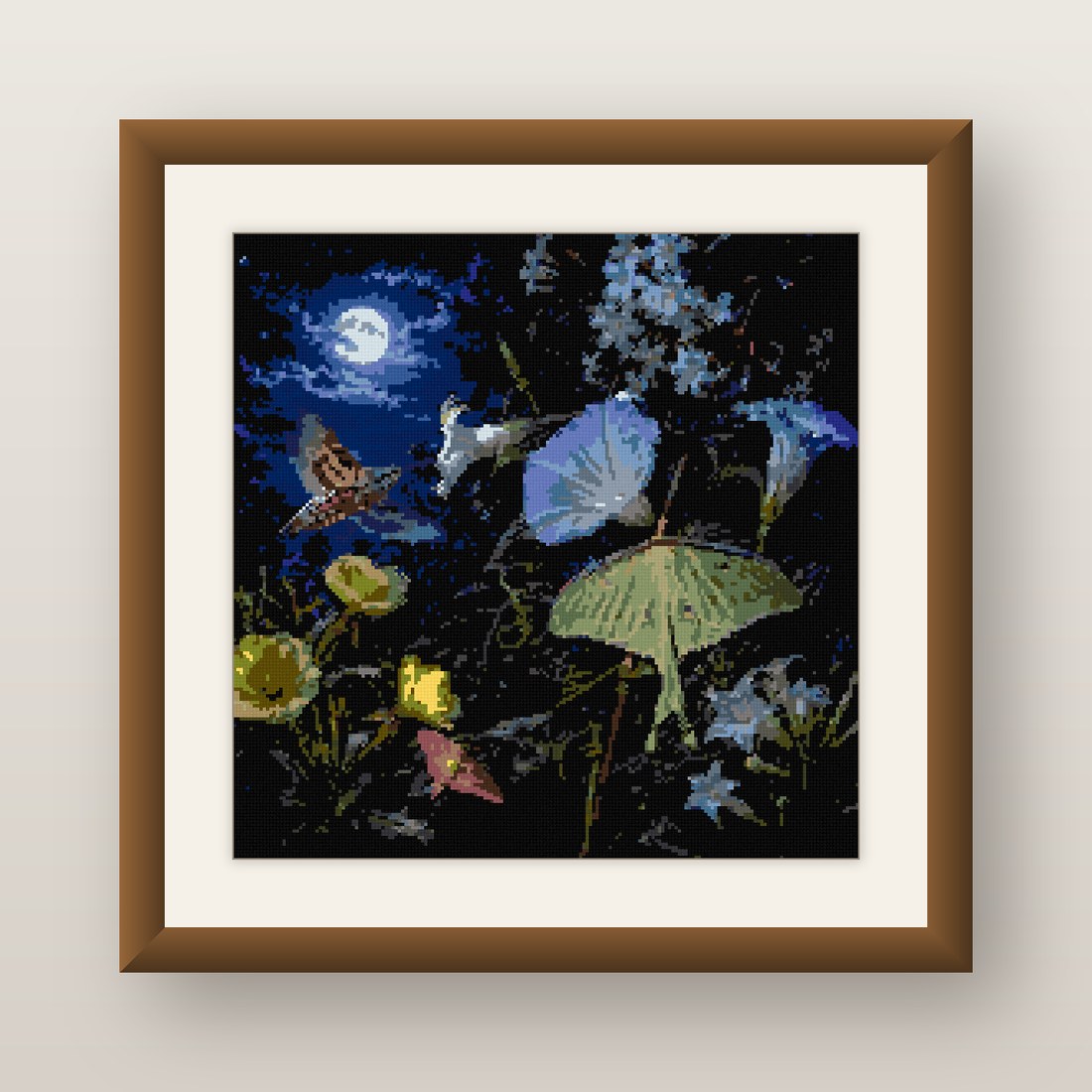 Luna Moth Night Cross Stitch Pattern, Moonflower Full Moon Bloom PDF