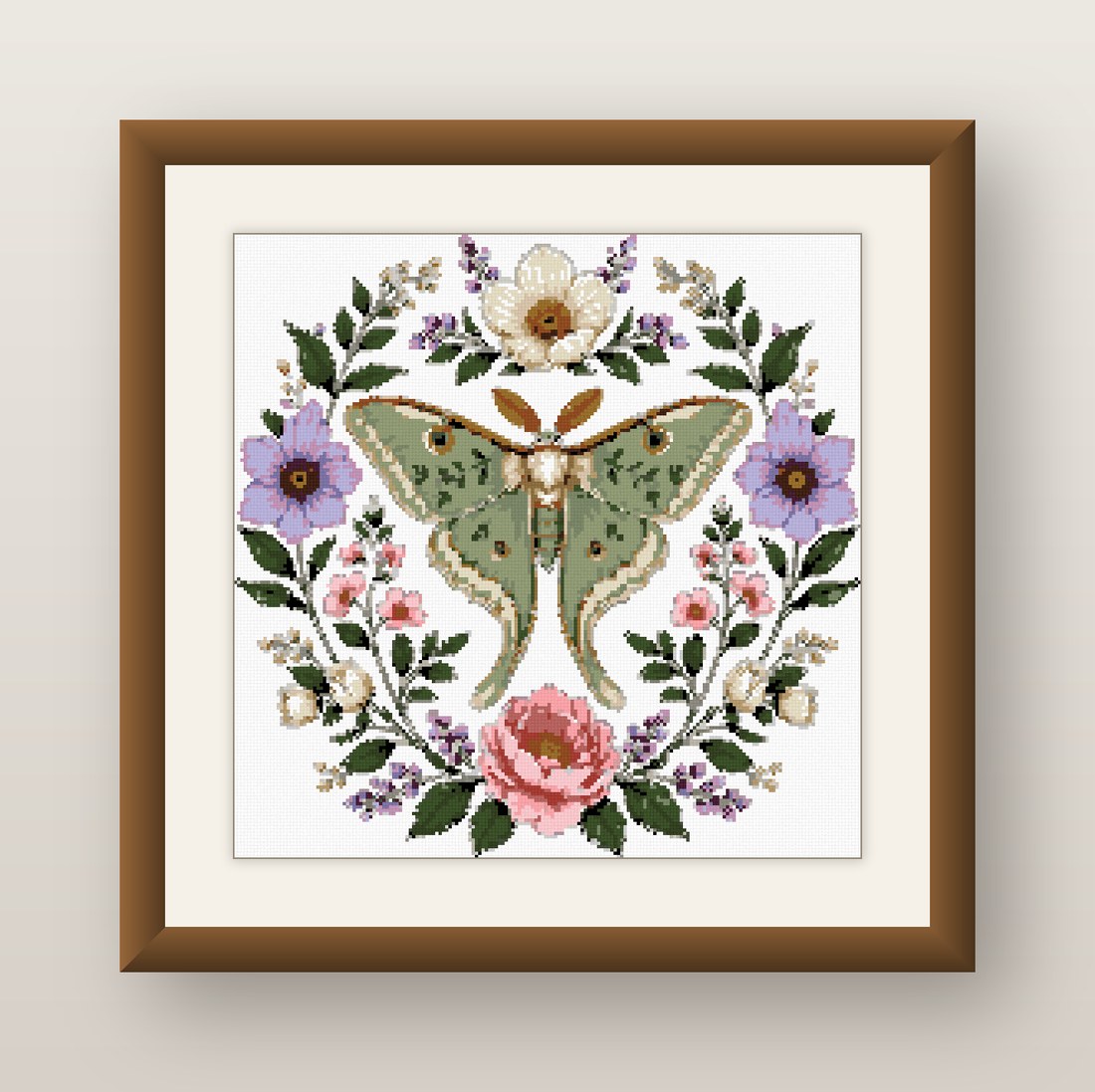 Luna Moth Cross Stitch Pattern, Floral Wreath Rose Botanical PDF
