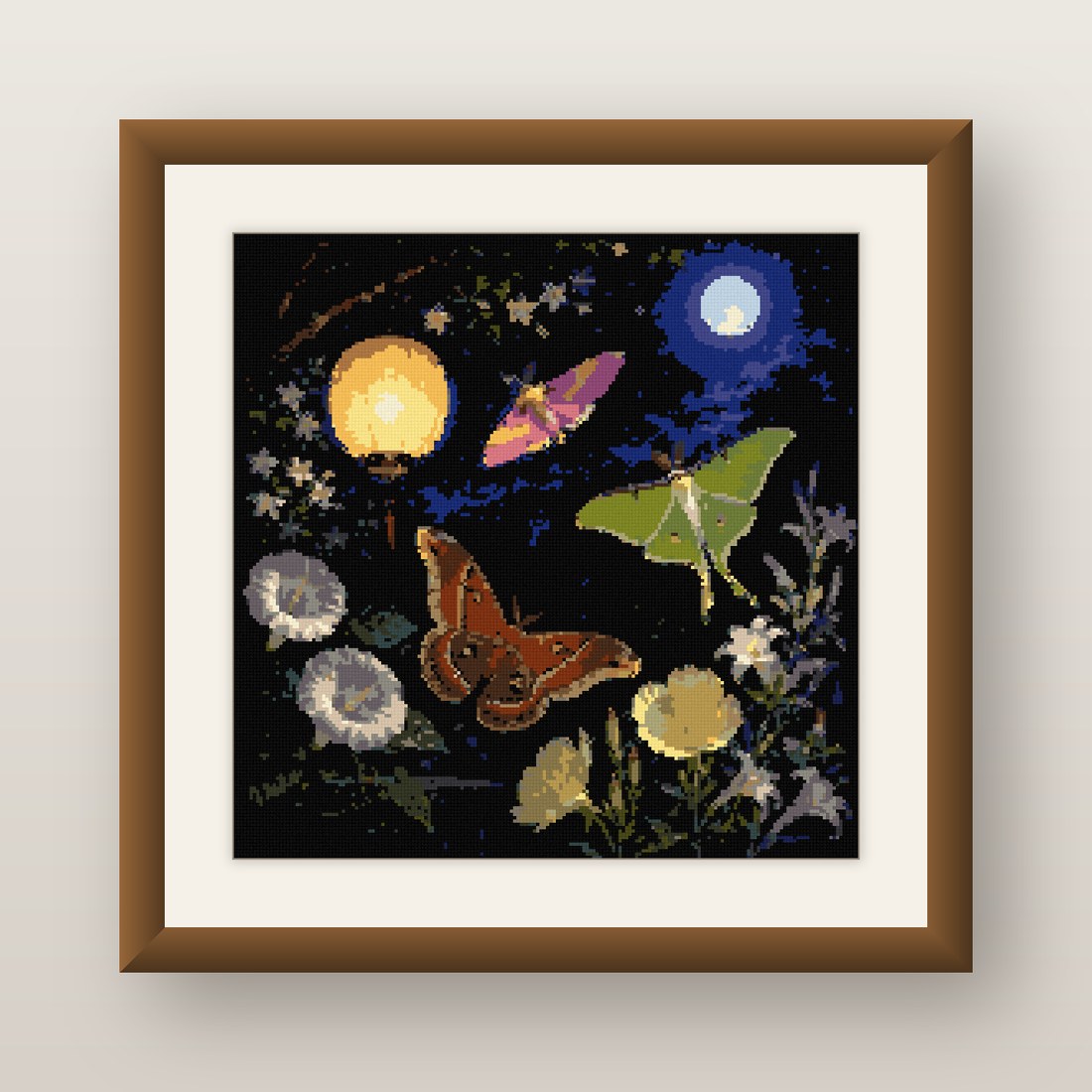 Moth Lantern Cross Stitch Pattern, Luna Moth Moonflower Night PDF