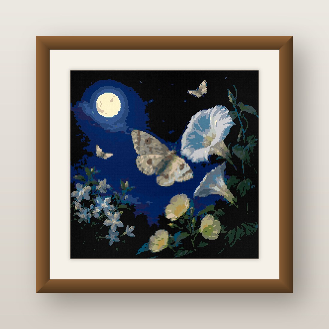 Moth Moon Flowers Cross Stitch Pattern, Full Moon Night Bloom PDF