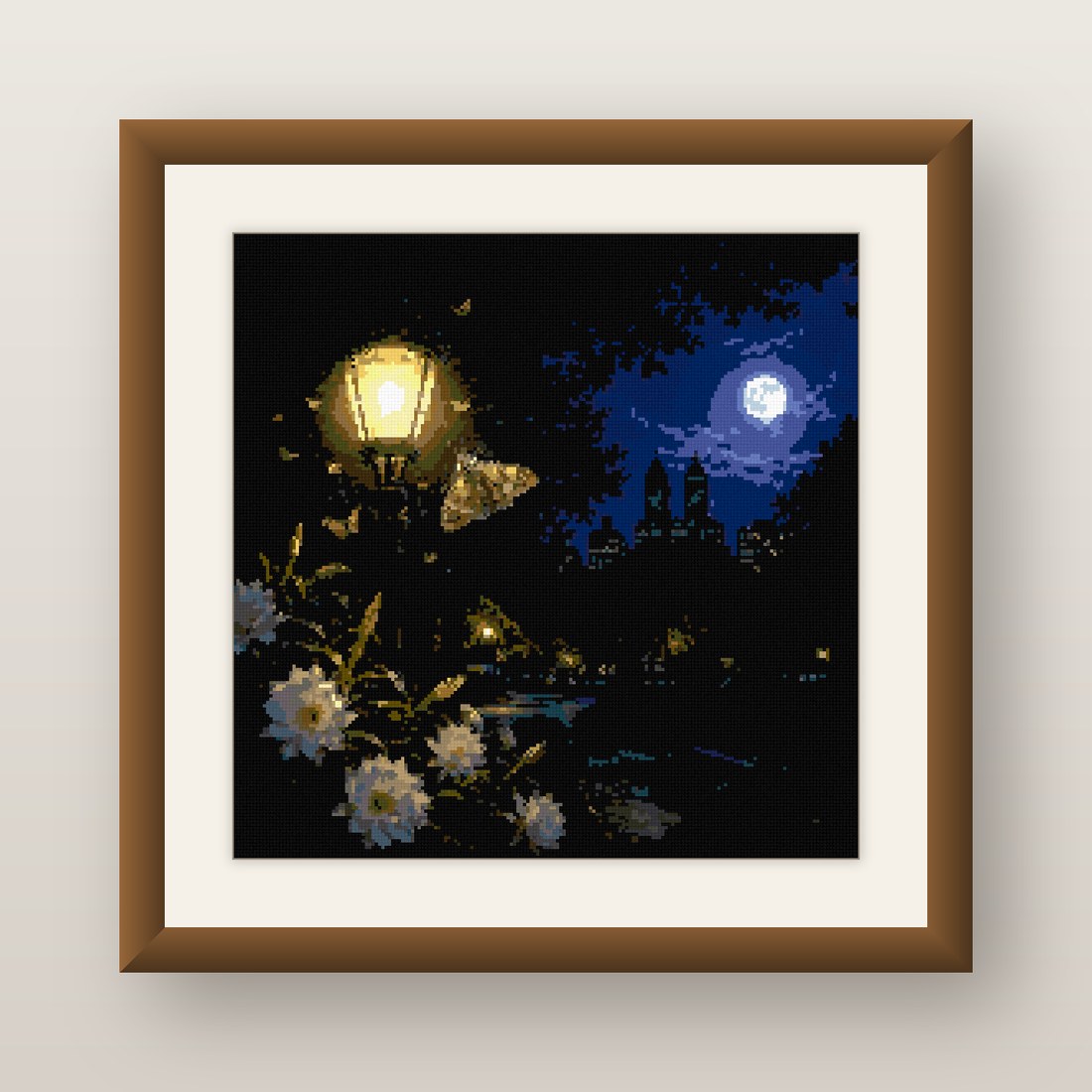 Night City Cross Stitch Pattern, Moth Lamppost Full Moon Park PDF