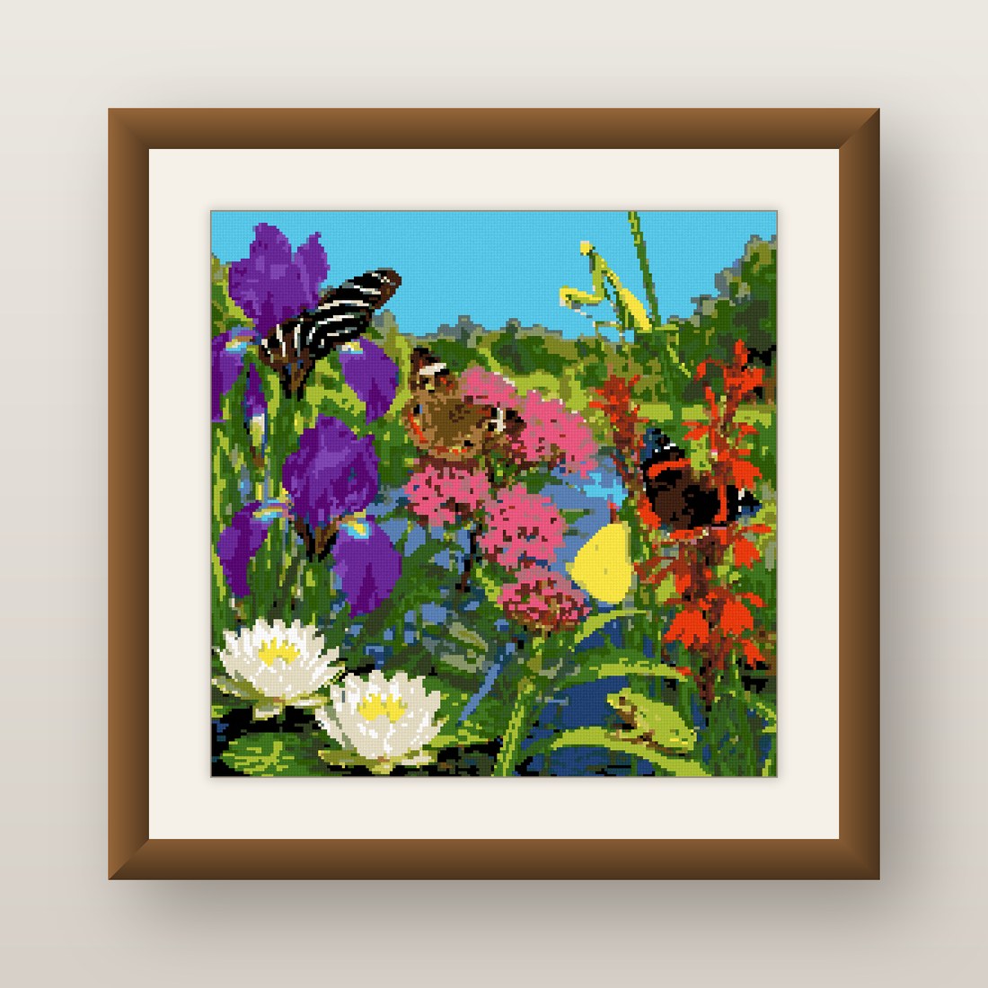 Pond Garden Cross Stitch Pattern, Iris Butterfly Praying Mantis PDF